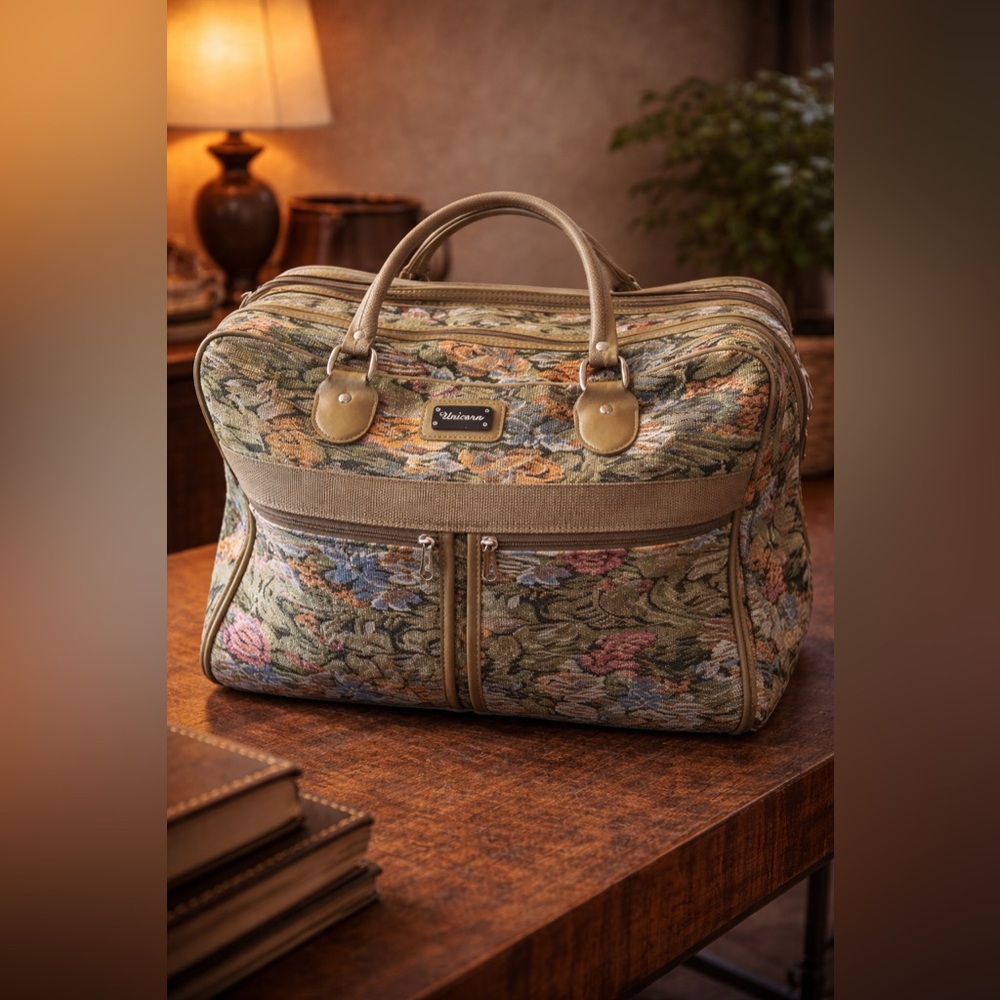 VINTAGE Unicorn Brand FABRIC Floral Tapestry Travel Carry on Quality Bag EUC